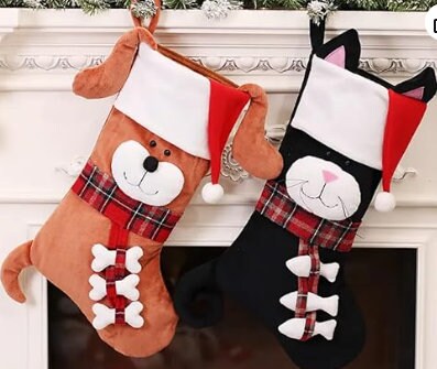 Pet Christmas Stocking – Large 18” Personalized Dog or Cat Stocking – Brown Dog or Black Cat – Embroidered – Fireplace Mantel Holiday Decor