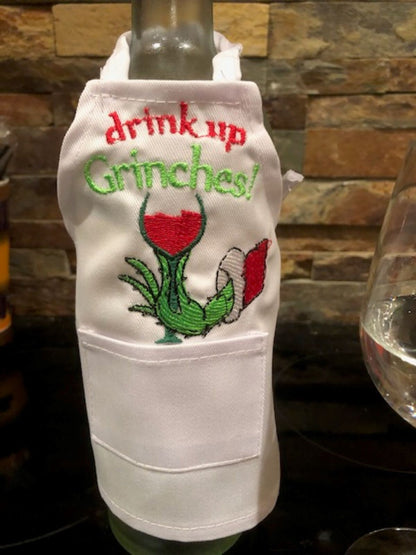 Drink Up, Grinches Wine Bottle Apron - Embroidered