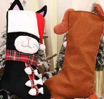 Pet Christmas Stocking – Large 18” Personalized Dog or Cat Stocking – Brown Dog or Black Cat – Embroidered – Fireplace Mantel Holiday Decor