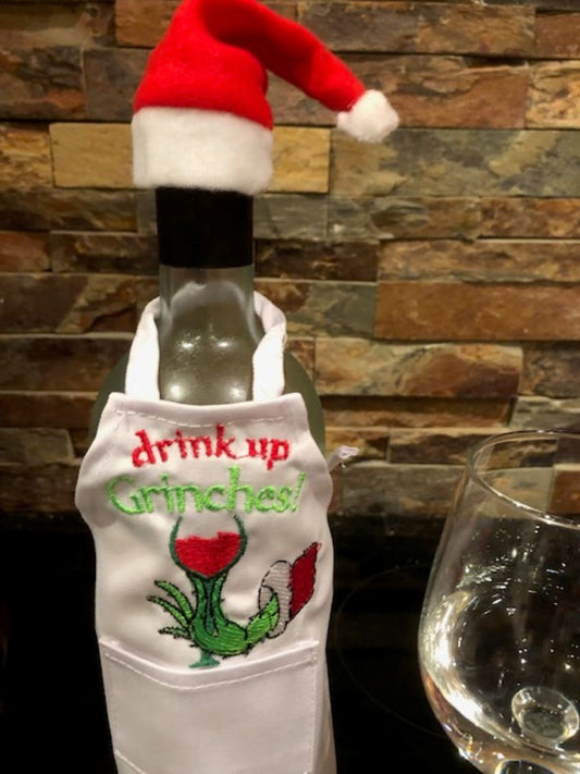 Drink Up, Grinches Wine Bottle Apron - Embroidered