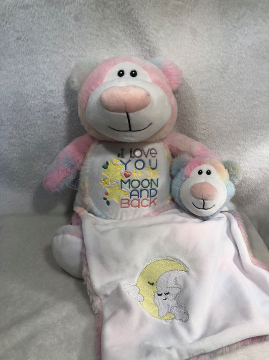 Pastel Plush Teddy Bear, I love you to the Moon and Back, embroidered, personalized, Baby shower gift, gift for baby