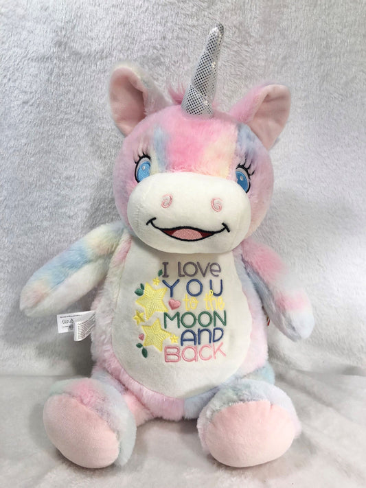 Unicorn Plush – "Love You to the Moon and Back" | Personalized Stuffed Animal | Pastel, White, or Polka Dot | Baby Shower or Birthday Gift