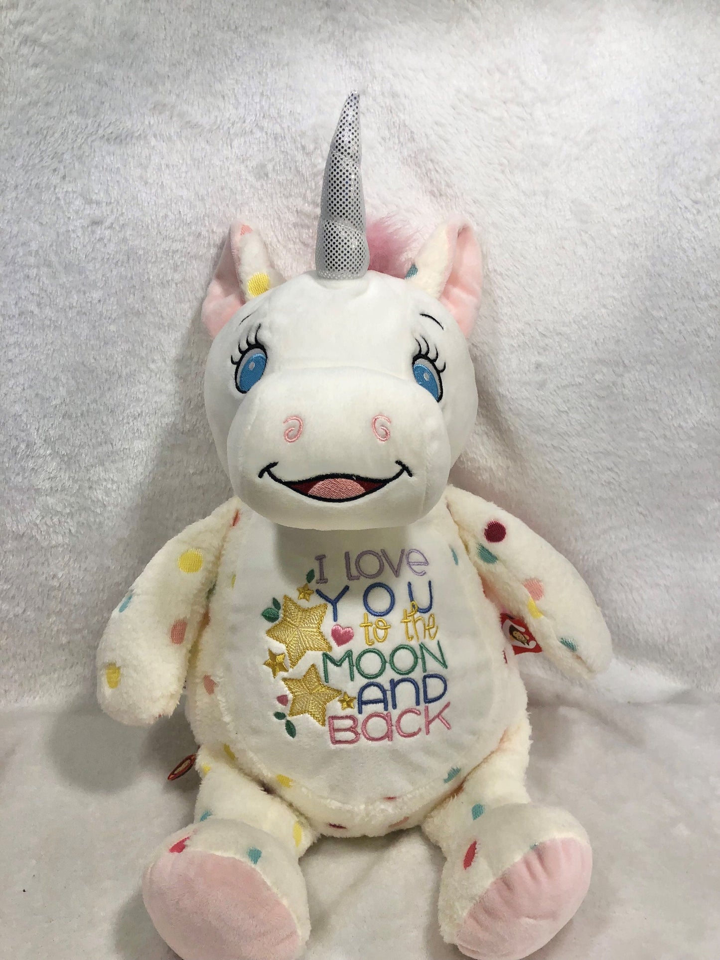Unicorn Plush – "Love You to the Moon and Back" | Personalized Stuffed Animal | Pastel, White, or Polka Dot | Baby Shower or Birthday Gift