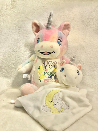 Unicorn Plush – "Love You to the Moon and Back" | Personalized Stuffed Animal | Pastel, White, or Polka Dot | Baby Shower or Birthday Gift