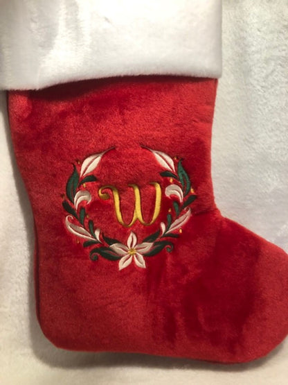 Personalized Christmas Stocking, Custom Christmas stocking scrip font, traditional design wreath monogrammed initals