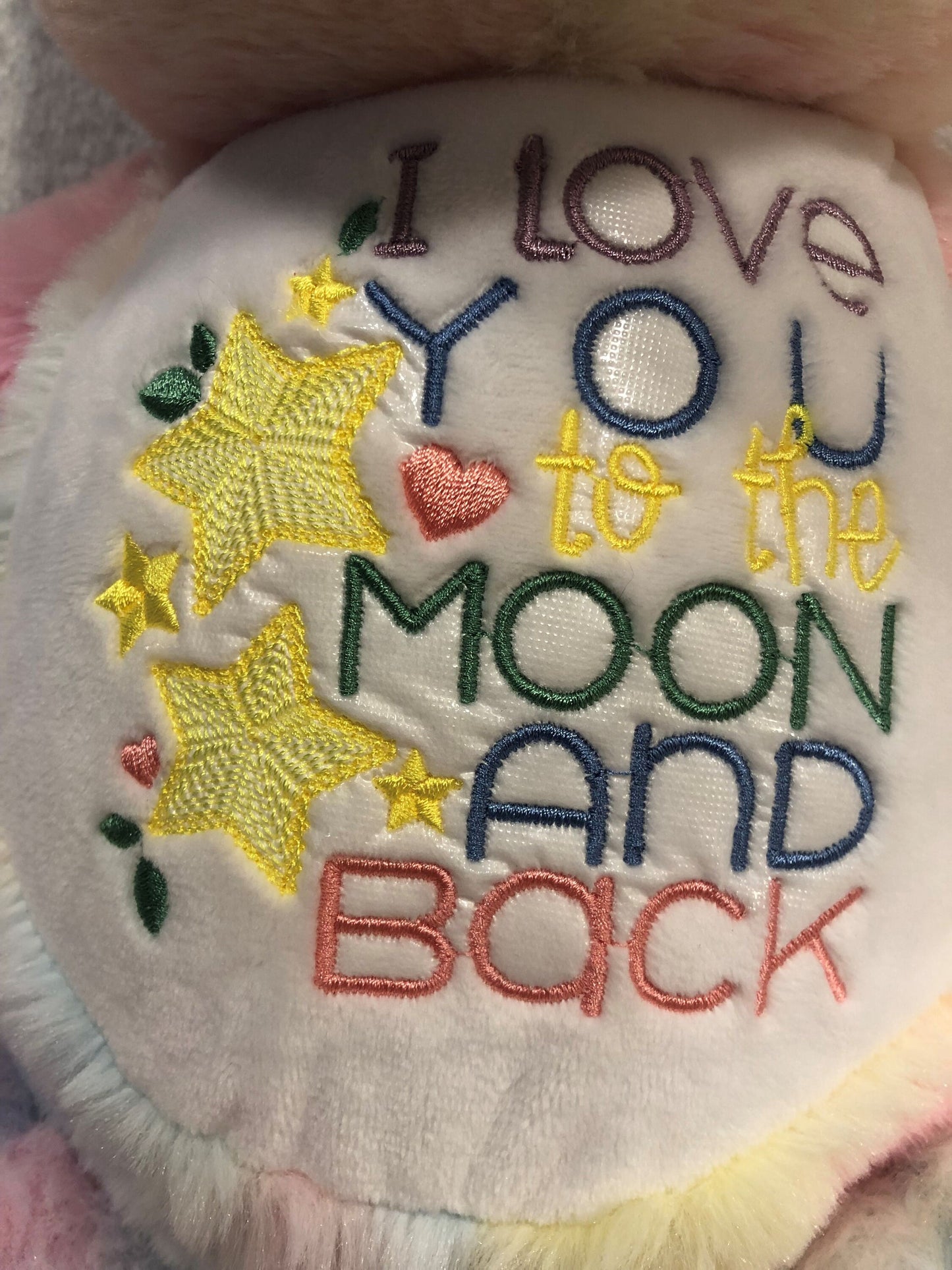 Pastel Plush Teddy Bear, I love you to the Moon and Back, embroidered, personalized, Baby shower gift, gift for baby