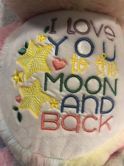 Pastel Plush Teddy Bear, I love you to the Moon and Back, embroidered, personalized, Baby shower gift, gift for baby