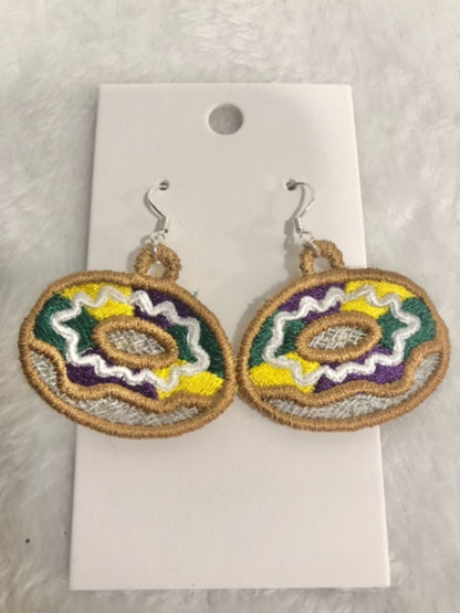 Mardi Gras King Cake Earrings, Louisiana jewelry handmade embroidered, New Orleans, Mardi Gras Earrings, FSL