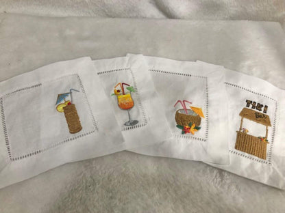 Tropical Tiki themed Embroidered Cocktail Napkins, Boozy Cocktail Napkins set of 4, Bar Top Napkins