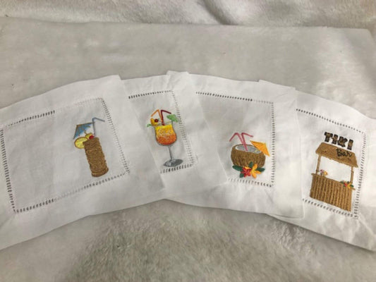 Tropical Tiki themed Embroidered Cocktail Napkins, Boozy Cocktail Napkins set of 4, Bar Top Napkins