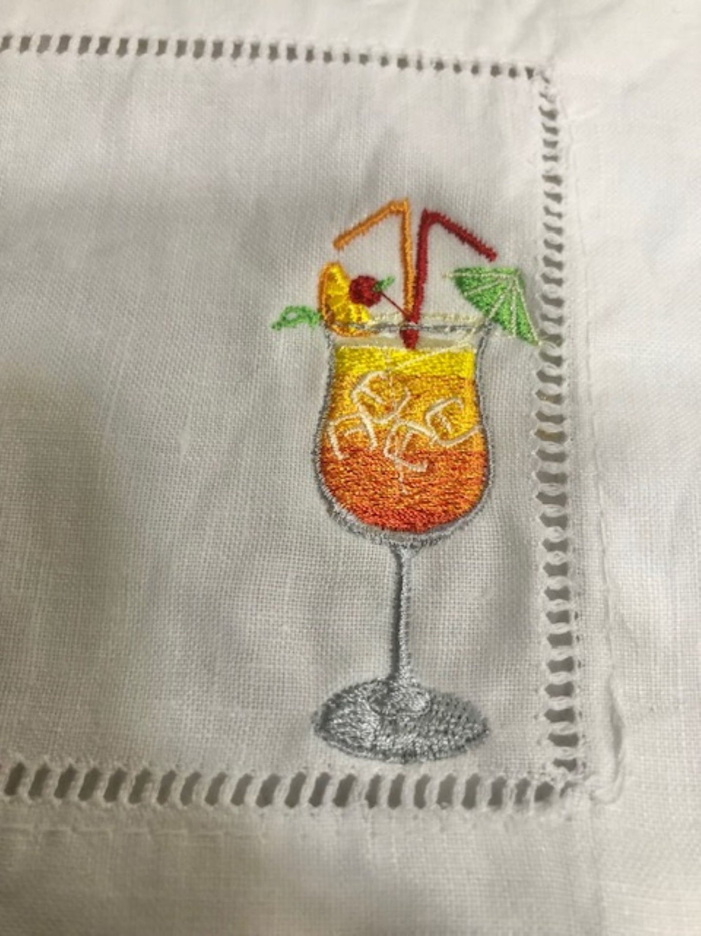Tropical Tiki themed Embroidered Cocktail Napkins, Boozy Cocktail Napkins set of 4, Bar Top Napkins