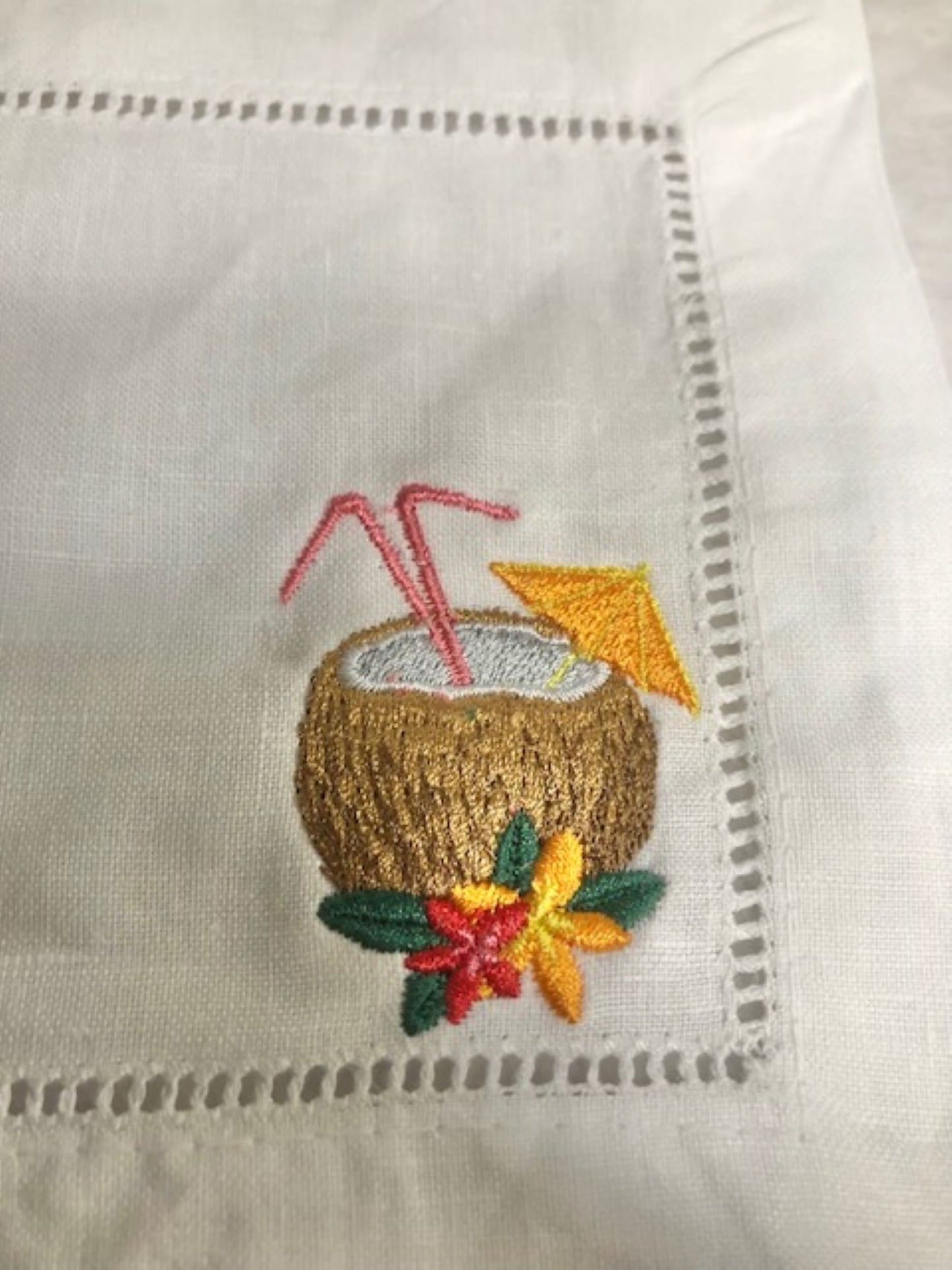 Tropical Tiki themed Embroidered Cocktail Napkins, Boozy Cocktail Napkins set of 4, Bar Top Napkins