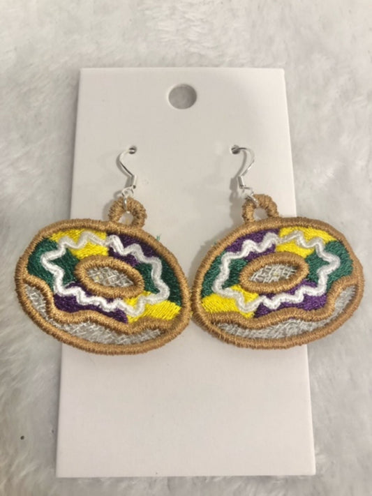 Mardi Gras King Cake Earrings, Louisiana jewelry handmade embroidered, New Orleans, Mardi Gras Earrings, FSL