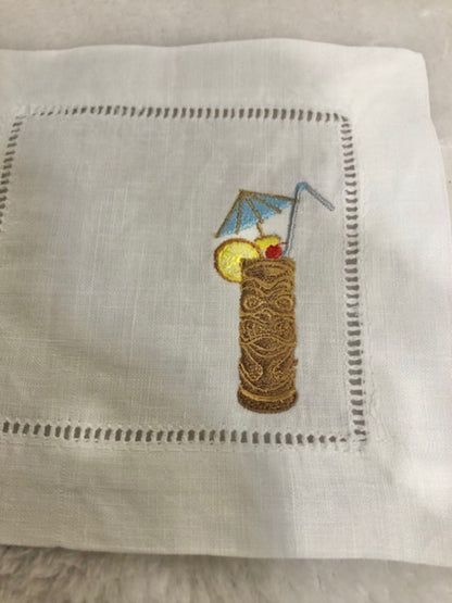 Tropical Tiki themed Embroidered Cocktail Napkins, Boozy Cocktail Napkins set of 4, Bar Top Napkins