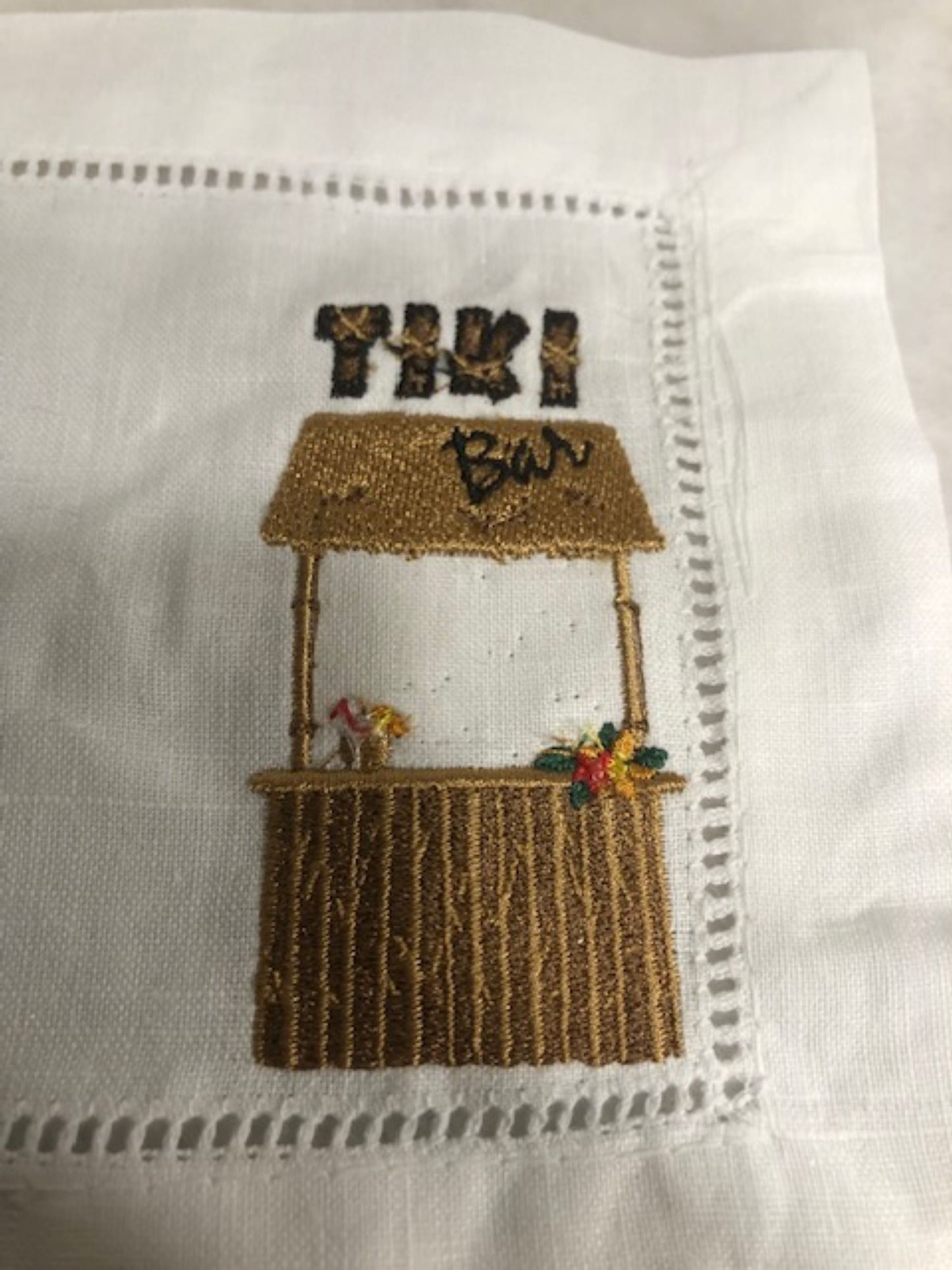 Tropical Tiki themed Embroidered Cocktail Napkins, Boozy Cocktail Napkins set of 4, Bar Top Napkins