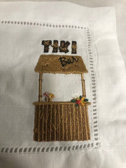Tropical Tiki themed Embroidered Cocktail Napkins, Boozy Cocktail Napkins set of 4, Bar Top Napkins