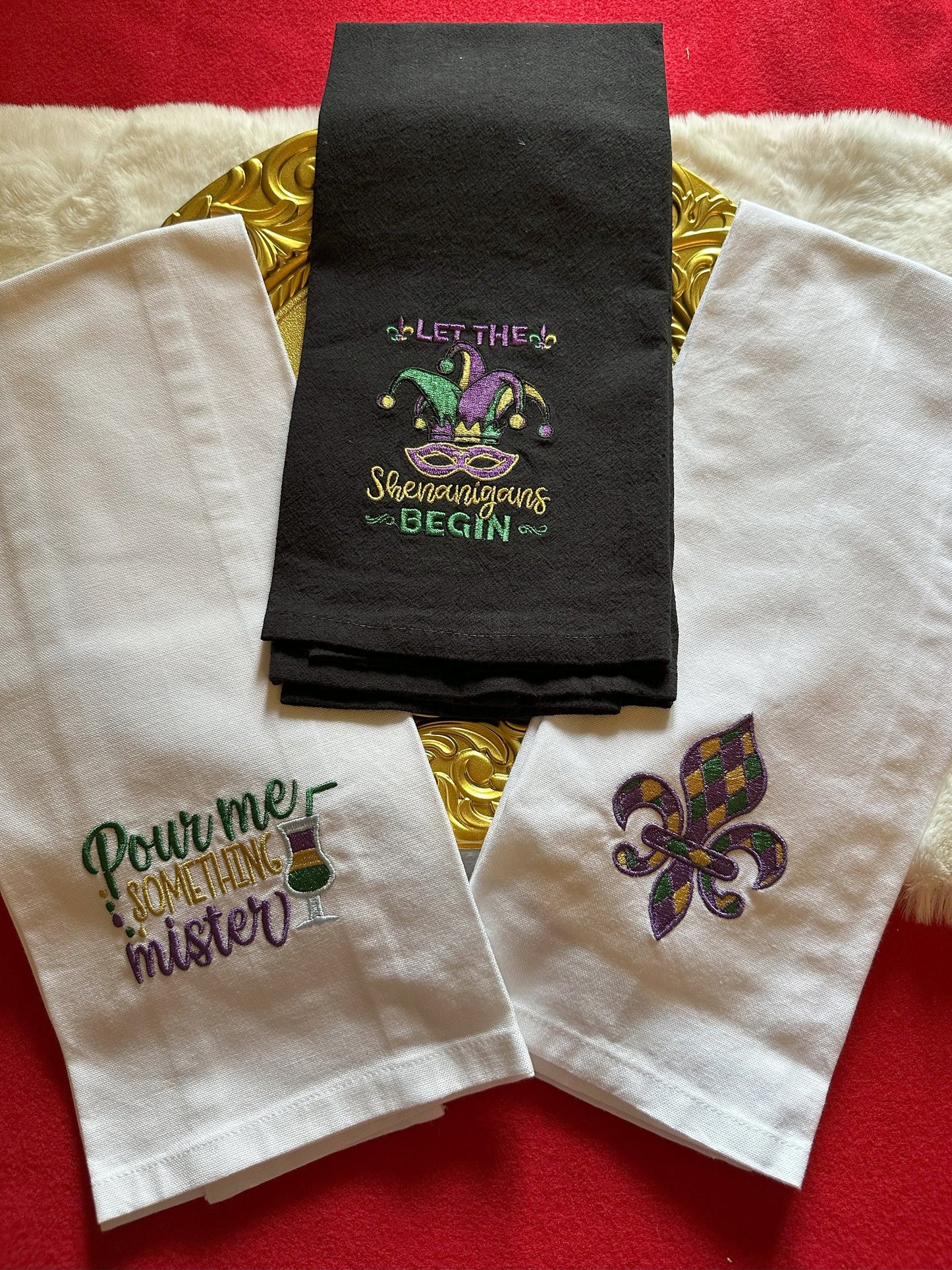 Mardi Gras Fleur de lis Kitchen tea towel, Mardi Gras tea towel embroidered