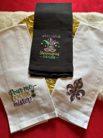 Mardi Gras Fleur de lis Kitchen tea towel, Mardi Gras tea towel embroidered