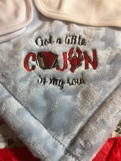 Cajun baby gift set, embroidered bib, burp cloth, security blanket, baby shower gift