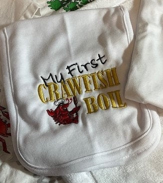 Crawfish boil baby gift set, My first Crawfish boil, Cajun baby gift set, embroidered bib, burp cloth, security blanket, baby shower gift