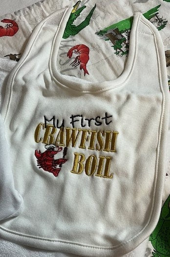 Crawfish boil baby gift set, My first Crawfish boil, Cajun baby gift set, embroidered bib, burp cloth, security blanket, baby shower gift