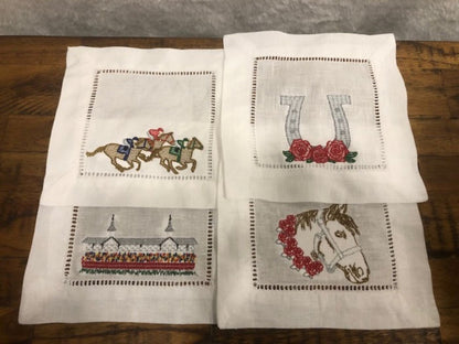 Kentucky Derby Embroidered Cocktail Napkins, Derby Cocktail Napkins set of 4, 6, Bar Top Napkins, Derby Gifts, Churchill Downs Run for Roses