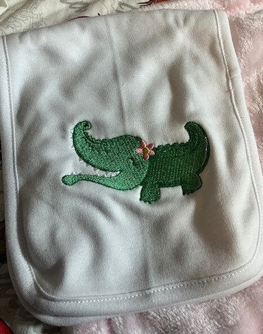 Gator baby gift set, baby Alligator embroidered bib, burp cloth, security blanket, baby shower gift