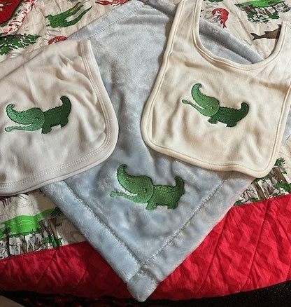 Gator baby gift set, baby Alligator embroidered bib, burp cloth, security blanket, baby shower gift