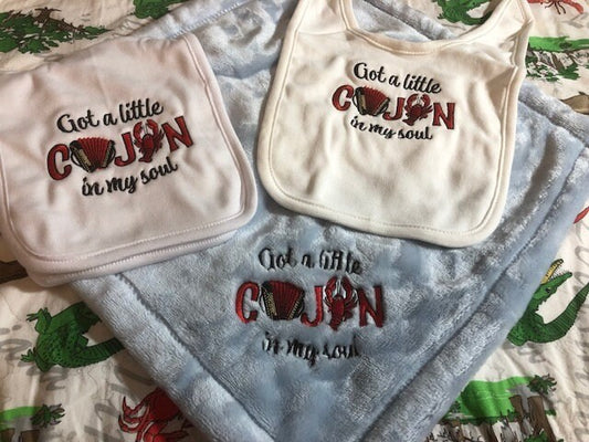 Cajun baby gift set, embroidered bib, burp cloth, security blanket, baby shower gift
