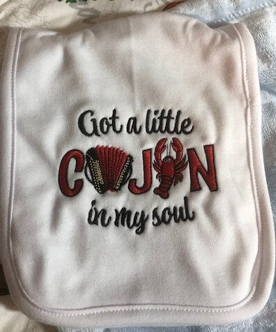 Cajun baby gift set, embroidered bib, burp cloth, security blanket, baby shower gift