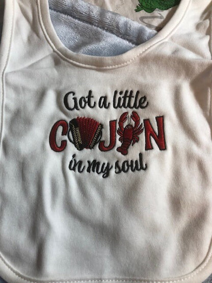 Cajun baby gift set, embroidered bib, burp cloth, security blanket, baby shower gift