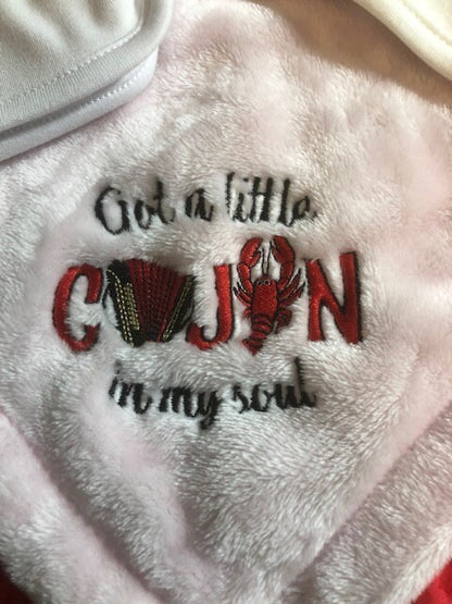 Cajun baby gift set, embroidered bib, burp cloth, security blanket, baby shower gift