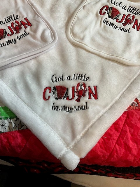 Cajun baby gift set, embroidered bib, burp cloth, security blanket, baby shower gift