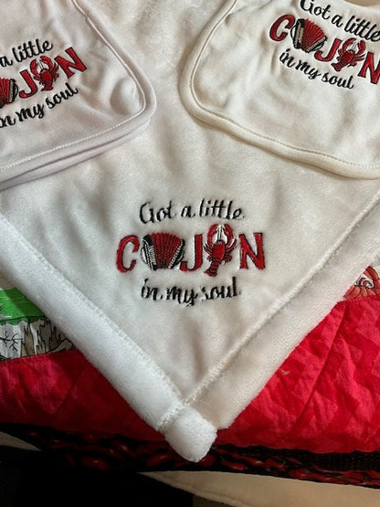 Cajun baby gift set, embroidered bib, burp cloth, security blanket, baby shower gift