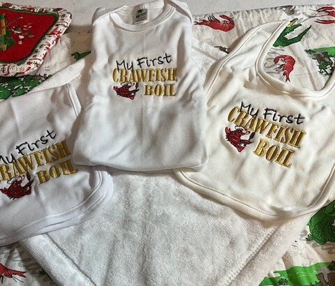 Crawfish boil baby gift set, My first Crawfish boil, Cajun baby gift set, embroidered bib, burp cloth, security blanket, baby shower gift