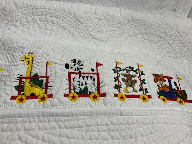 Baby Quilt, Train Quilt, Zoo Animals Train Quilt, Personalized Quilt, Embroidered baby blanket, Customized,