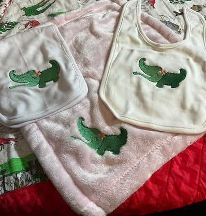 Gator baby gift set, baby Alligator embroidered bib, burp cloth, security blanket, baby shower gift