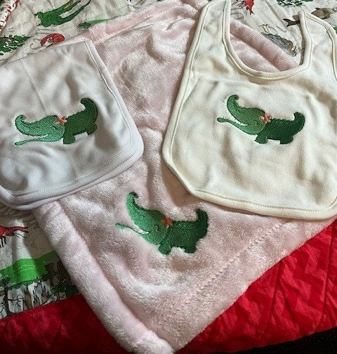 Gator baby gift set, baby Alligator embroidered bib, burp cloth, security blanket, baby shower gift
