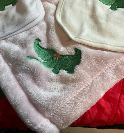 Gator baby gift set, baby Alligator embroidered bib, burp cloth, security blanket, baby shower gift