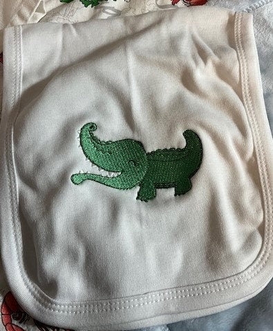 Gator baby gift set, baby Alligator embroidered bib, burp cloth, security blanket, baby shower gift