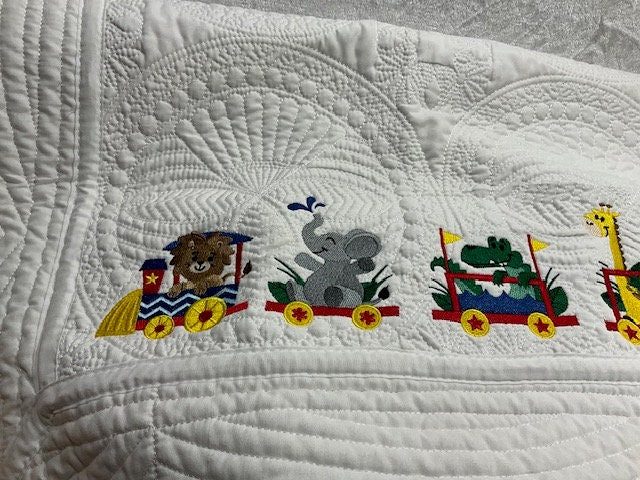 Baby Quilt, Train Quilt, Zoo Animals Train Quilt, Personalized Quilt, Embroidered baby blanket, Customized,