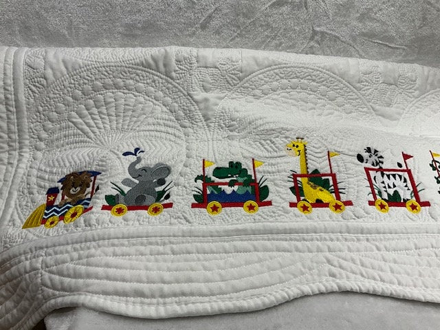 Baby Quilt, Train Quilt, Zoo Animals Train Quilt, Personalized Quilt, Embroidered baby blanket, Customized,