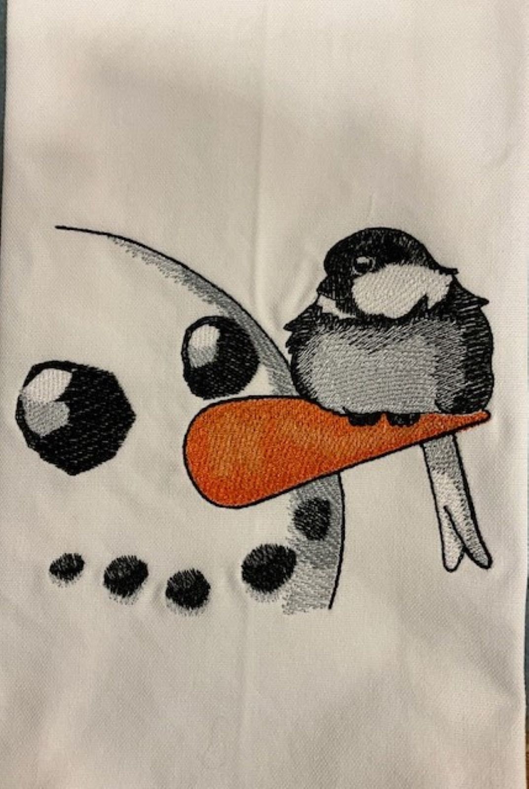Cardinal with Snowman Tea Towel - Embroidered