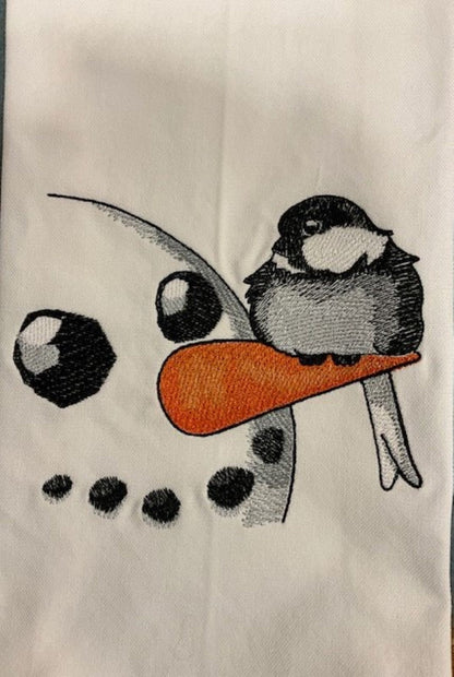 Cardinal with Snowman Tea Towel - Embroidered