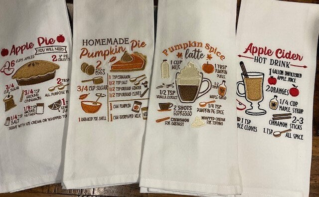 Pumpkin Pie, Pumpkin Spice Latte, Apple Cider Hot Drink Recipes, Apple Pie Cotton Kitchen Towels, Set of 4, embroidered Christmas home decor