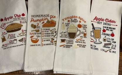 Pumpkin Pie, Pumpkin Spice Latte, Apple Cider Hot Drink Recipes, Apple Pie Cotton Kitchen Towels, Set of 4, embroidered Christmas home decor