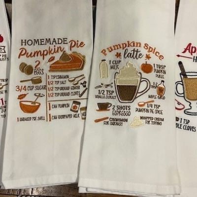 Pumpkin Pie, Pumpkin Spice Latte, Apple Cider Hot Drink Recipes, Apple Pie Cotton Kitchen Towels, Set of 4, embroidered Christmas home decor