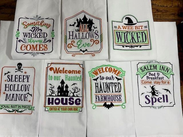 Halloween Kitchen Tea Towels embroidered customized, Haunted Halloween, A Wee Bit Wicked Tea towel