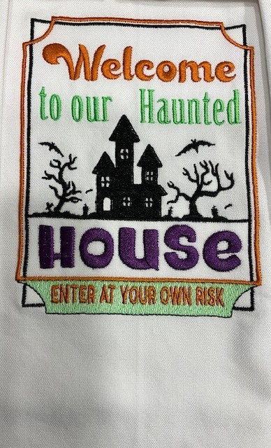 Halloween Kitchen Tea Towels embroidered customized, Haunted Halloween, A Wee Bit Wicked Tea towel
