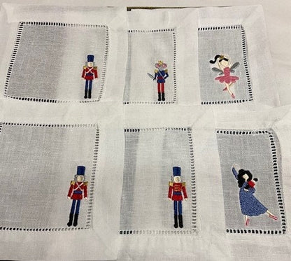 Nutcracker Christmas cocktail napkins , embroidered cocktail napkins, bar top napkins, Christmas themed cocktail napkins Nutcracker